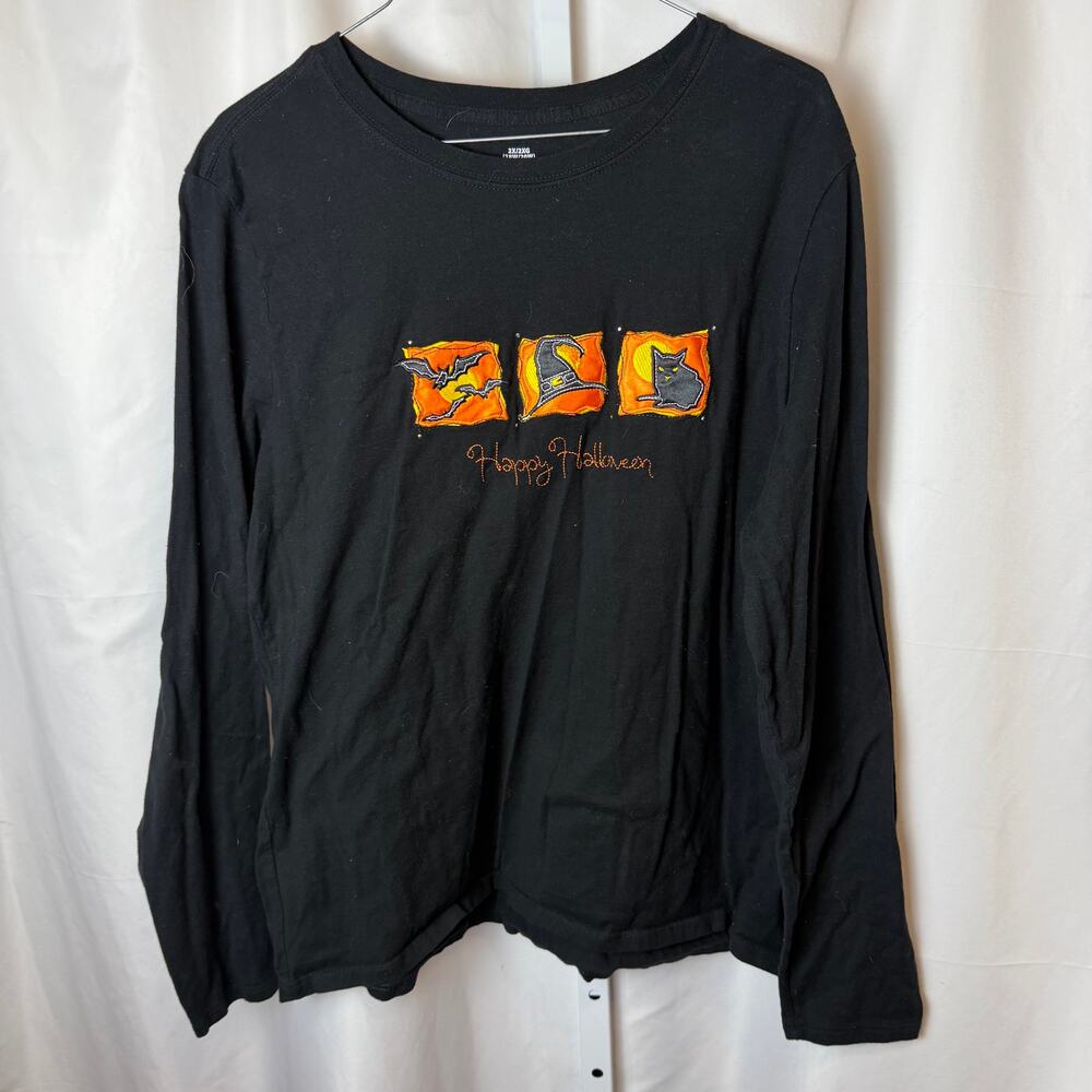 Halloween Long Sleeve Shirt Black Embroidered Cat Witch Hat Bats 100% cotton 2XL